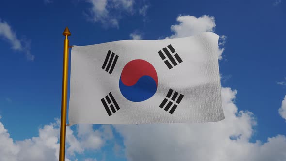 National flag of South Korea waving with flagpole and blue sky timelapse