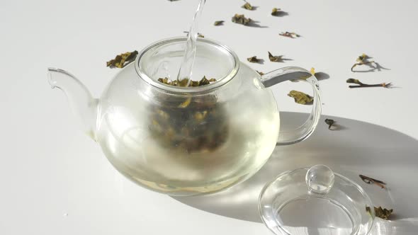 To Make Green Tea with Hot Boiling Water Process of Brewing Tea in Glass Teapot