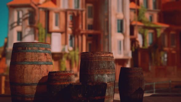 Old Wooden Wine Barrels in a Sea Town Port