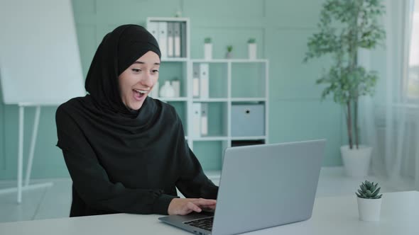 Arabian Happy Shocked Businesswoman Muslim Girl Student Manager Islamic Female in Black Hijab