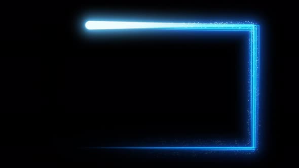 Blue neon light trail square on black background. Modern rectangle frame with empty space. alt