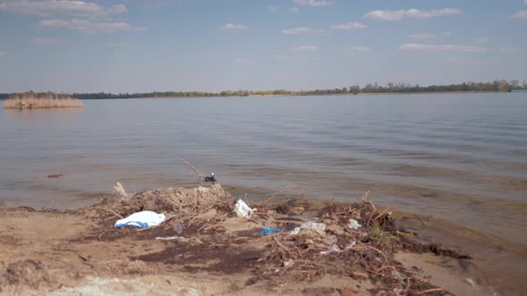 Problem of Plastic Trash, Plastic Garbage on Polluted River and Wild Duck Swims in Water