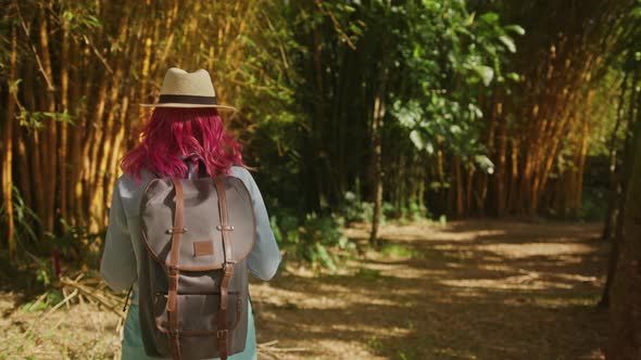 Slow Motion Woman Backpack Hiking in Green Bamboo Jungles on Summer Vacation