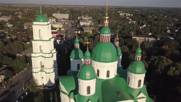 Aerail view to Cathedral Nativity Blessed Virgin in Kozelets, Chernihiv region, Ukraine