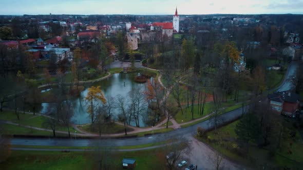 Cesis City, Latvia Aerial View With Medieval St. John’s Church and Ruins of the Beautiful Castle 