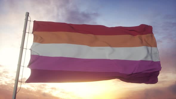 Lesbian Pride Flag Waving in the Wind Sky and Sun Background