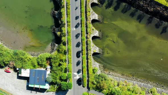 Top-down view over the bridge passing Tolka River in Dublin