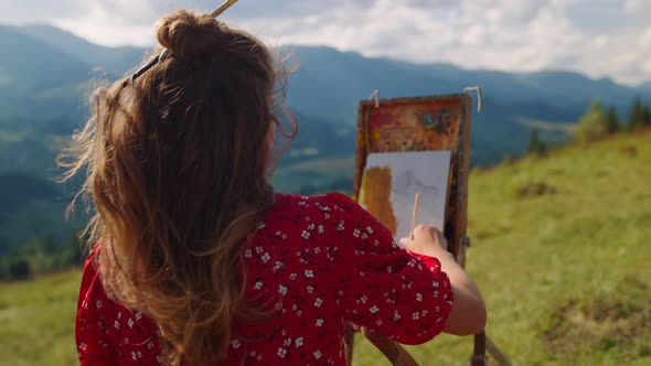 Woman Creating Picture Nature on Mountains Hill Closeup