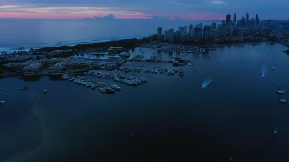 Fly over Marina at dawn Gold Coast Broadwater, Australia