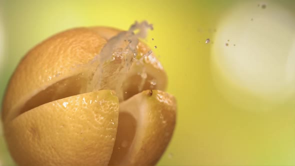 Fresh Lemon Fruit Squirting with Juice in Slow Motion in Green Nature Background