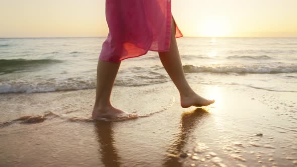 Slow Motion Close Up Woman Feet Walking By Beach at Cinematic Golden Sunset USA
