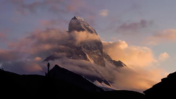 Timelapse of the Matterhorn mountain from Zermatt Village during sunset