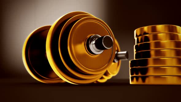 Animation of golden dumbbells. A 3D view of weightlifting equipment. HD