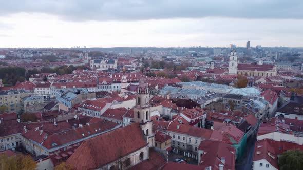 Church Towers In Baroque Architecture In Vilnius, Lithuania, Sunset. UNESCO World Heritage Site. aer