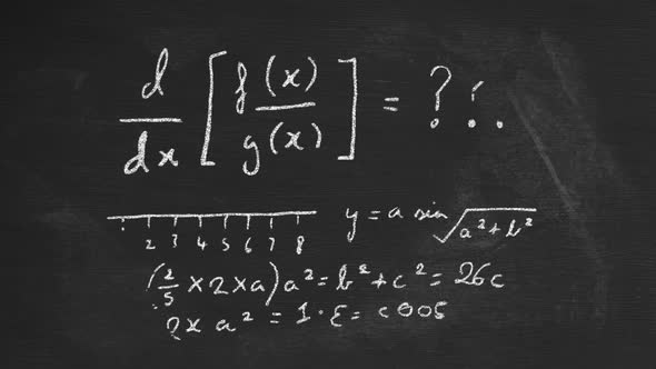 Animation of mathematical formulae moving on black chalkboard background