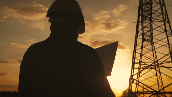 Silhouette of Engineer Standing on Field with Electricity Towers. Electrical Engineer with High alt