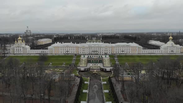 Top Aerial View of Beautiful Peterhof Palace and Grand Cascade