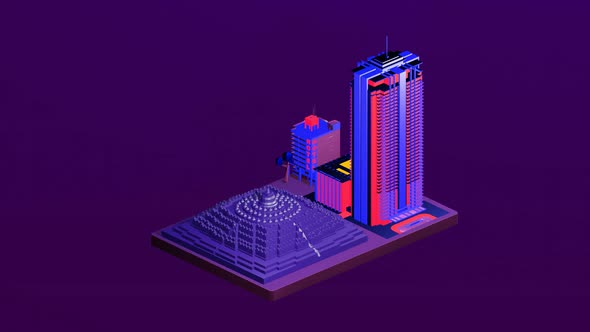 Isometric temple between city buildings