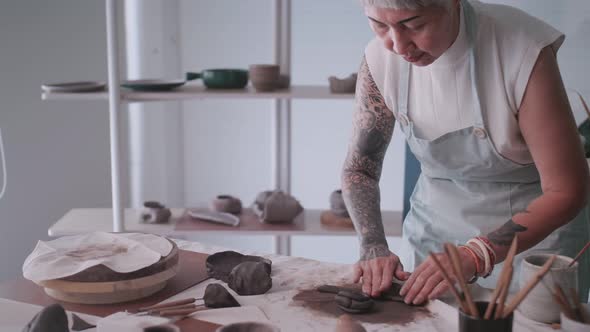 Asian elderly woman enjoying pottery work at home.