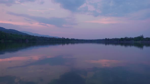 4K Cinematic landscape footage of the Huai Tueng Thao Lake in Chiang Mai, North Thailand during a be