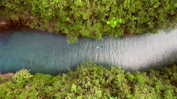 Aerial view of traditional fishing boat in Bojo River, Aloguinsan, Philippines.