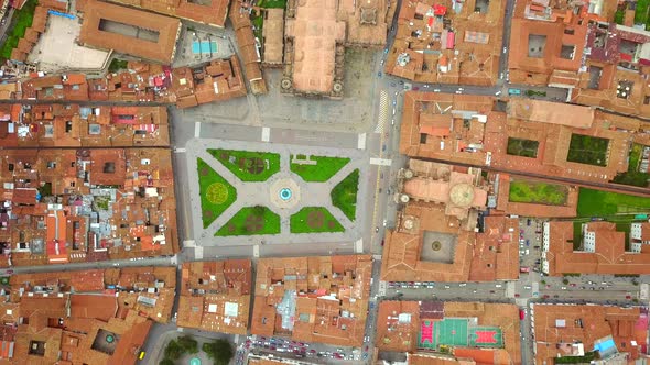 Aerial view of Cuzco city red rooftops, Peru.
