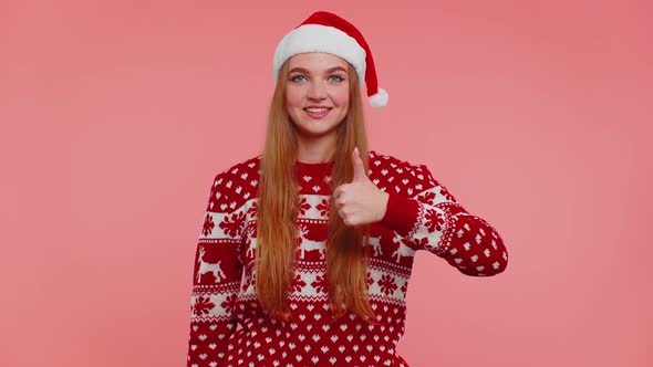 Funny Girl Wears Red New Year Sweater Raises Thumbs Up Agrees Something Good Like Pink Background