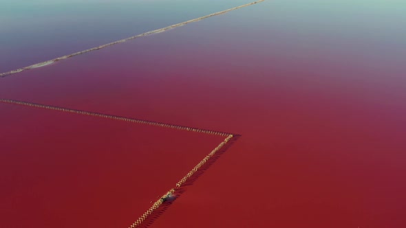 Beautiful top view of the salty, pink lake. Beautiful pink sunrise