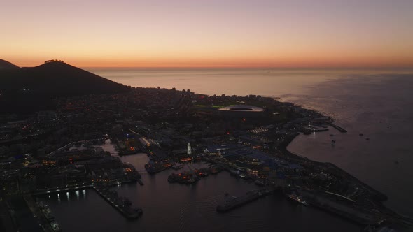 Breath Taking Aerial Panoramic Footage of Waterfront with Marina and Entertainment Urban Borough at
