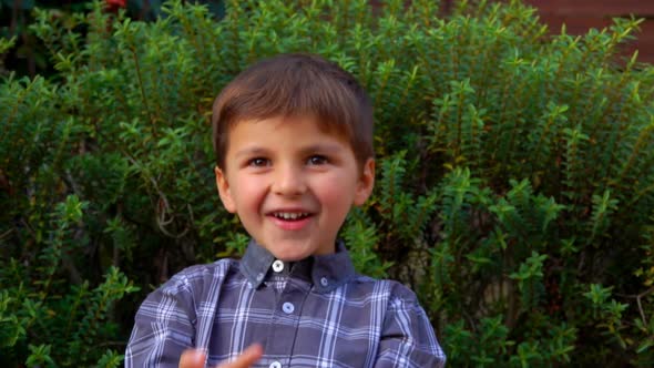 The Cheerful Little Boy in a Plaid Shirt Is Counting on Fingers Outdoors