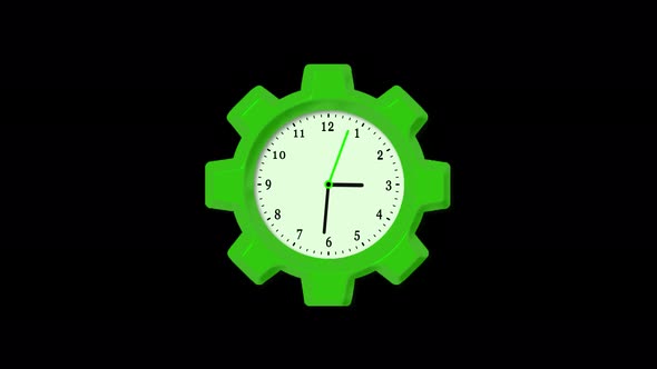 Green Color Gear Design 3d Wall Clock Isolated On Black Background