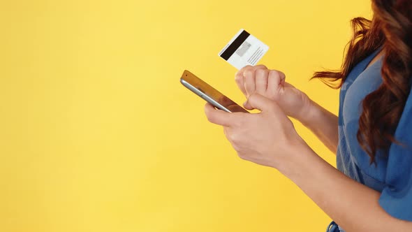 Mobile Banking Woman Using Credit Card Smartphone