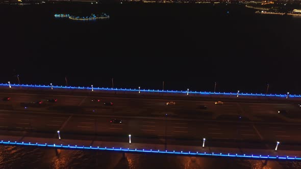 Aerial View of the Bridge in the Modern City Panoramic View of the Bridge with Illumination