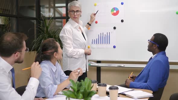 Blond Executive Near Whiteboard on Briefing in Office.