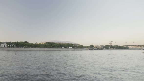 Moscow River View From the Ship with Time Lapse Effect on Sunset Sky Background