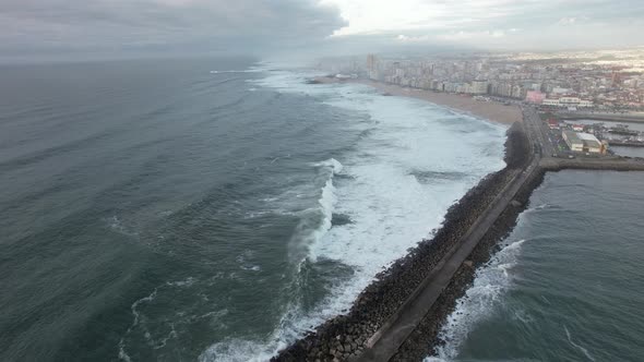 Storm at Sea, Winds, Big Waves Hit Pier and Seashore in Portugal