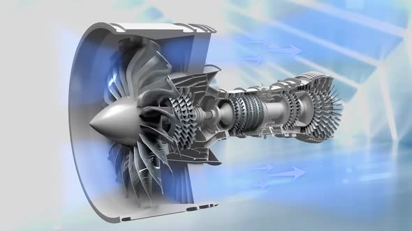 Animation jet engine, close-up view jet engine blades.