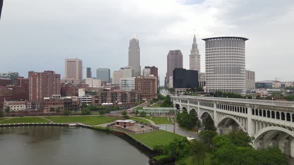 Cleveland, Ohio skyline drone videoing up.