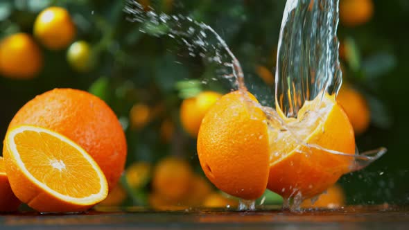 Super Slow Motion Shot of Falling Orange with Water Splash at 1000 Fps