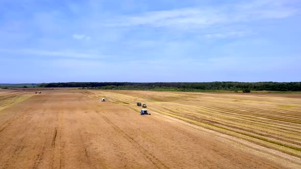 Harvesting of wheat in summer. Two harvesters working in the field.