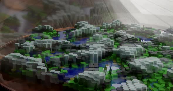Tiny world made of hexagonal tiles inside a glass dome. Isometric view. Video game style