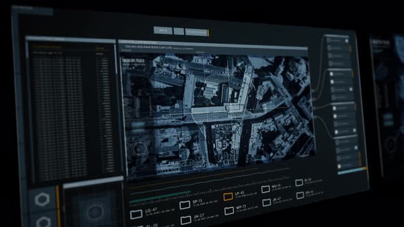 Computer screen broadcasting satellite surveillance camera flying above the area alt