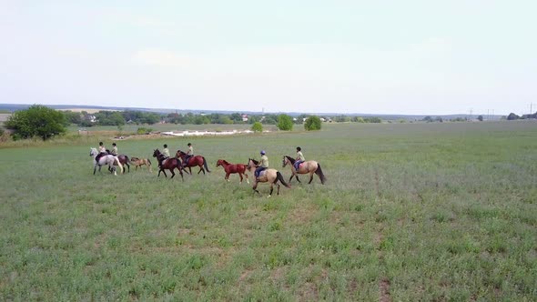 People Ride On Horseback. People riding on horse on the meadow in countryside