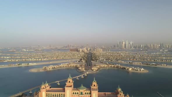 Aerial view of Atlantis the palm resort and Palm Jumeirah, Dubai, UAE.