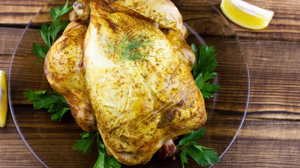 a Whole Baked Chicken with Herbs and Lemon Slices Lies on