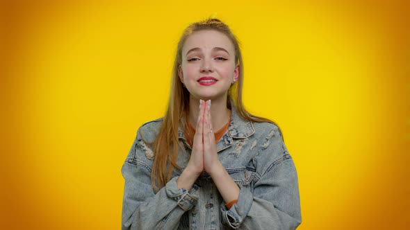 Teen Stylish Girl Praying Looking Upward and Making Wish Asking God for Help Begging Apology