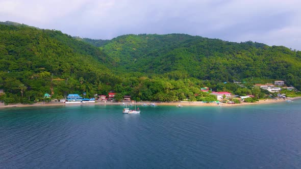 Coastline View Houses Boats Green Island Blue Sea Water Batangas Philippines Aerial Drone Push-In