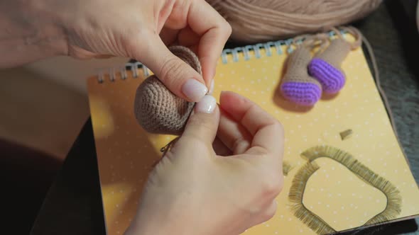 Female Hands Create Amigurumi Toys. A Crochet Master Attaches an Eye To the Head of a Toy Dog