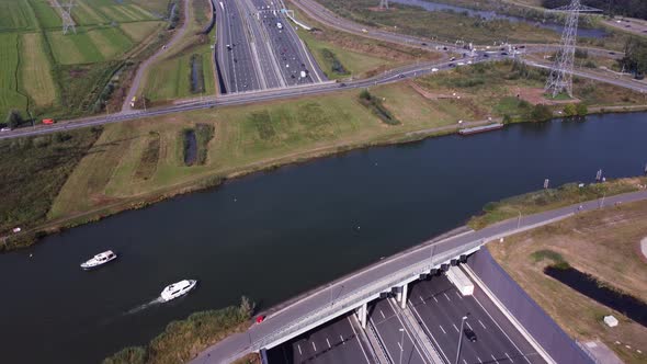 Aerial view of an aquaduct over highway A1 near Weesp, the Netherlands