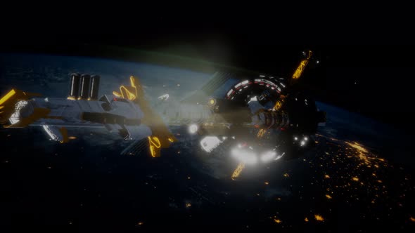 Big Spaceship on the Earth Orbit. Elements Furnished By Nasa alt